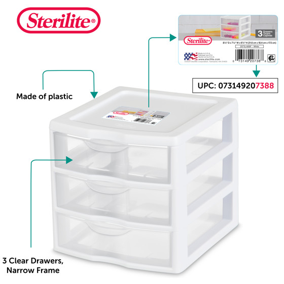 Sterilite Small 3 Drawer Unit, Clear Plastic Countertop or Desktop Drawers,White gallery