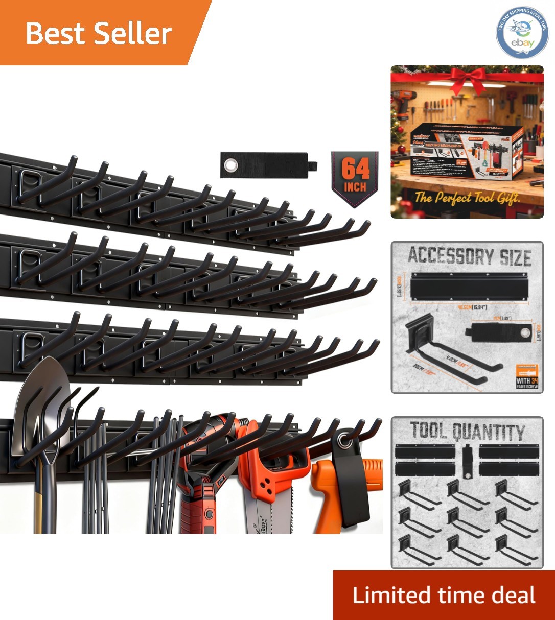 Heavy Duty 64-Inch Tool Organizer Rack - 600 lb Capacity with 9 Adjustable Hooks gallery