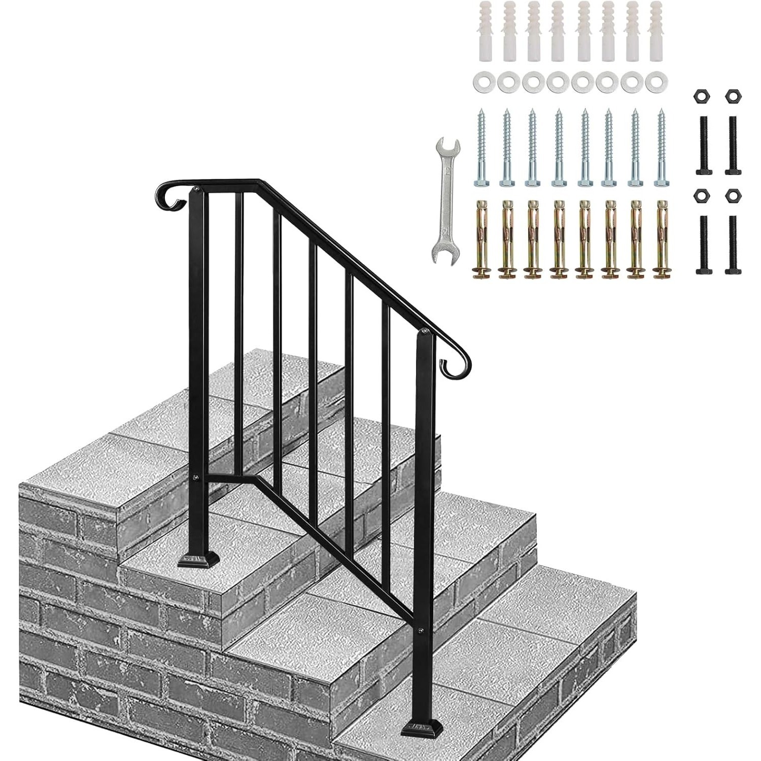 VINGLI Handrail for 2-3 Steps; Wrought Iron Railing Kit with 5 Balusters - Black gallery