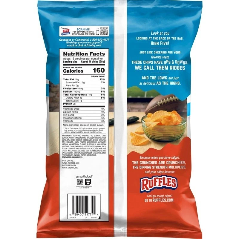 Ruffles Cheddar & Sour Cream Potato Snack Chips,Party Size, 12.5 oz Bag,,, gallery