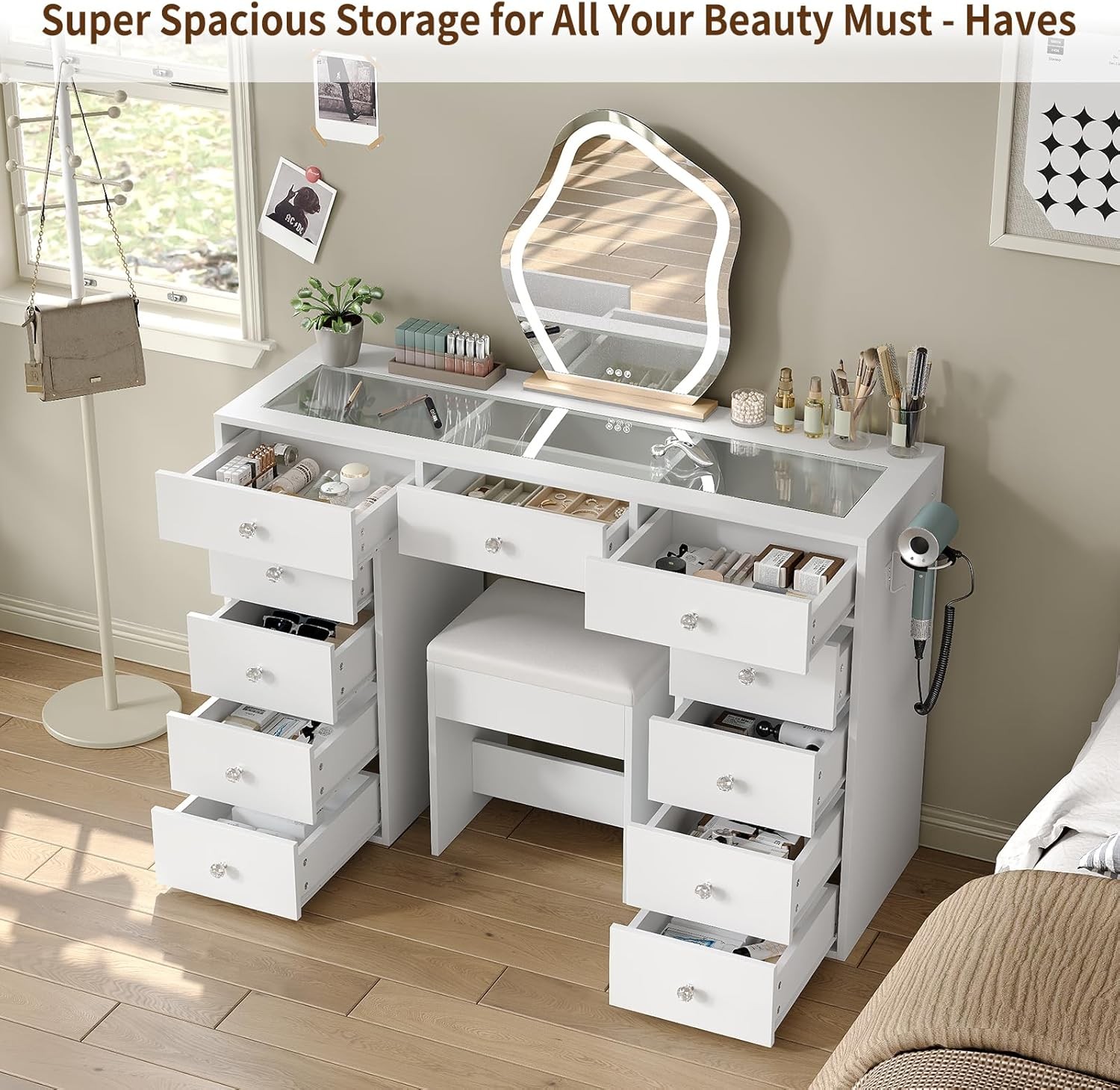 47" Vanity Desk Without Mirror, Glass Top Makeup Vanity with 11 Drawers & gallery