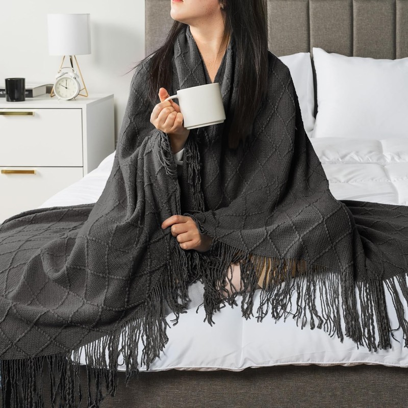 Dark Gray Knit Throw Blanket for Couch Bed, Soft Knitted Sofa Throw All Season gallery