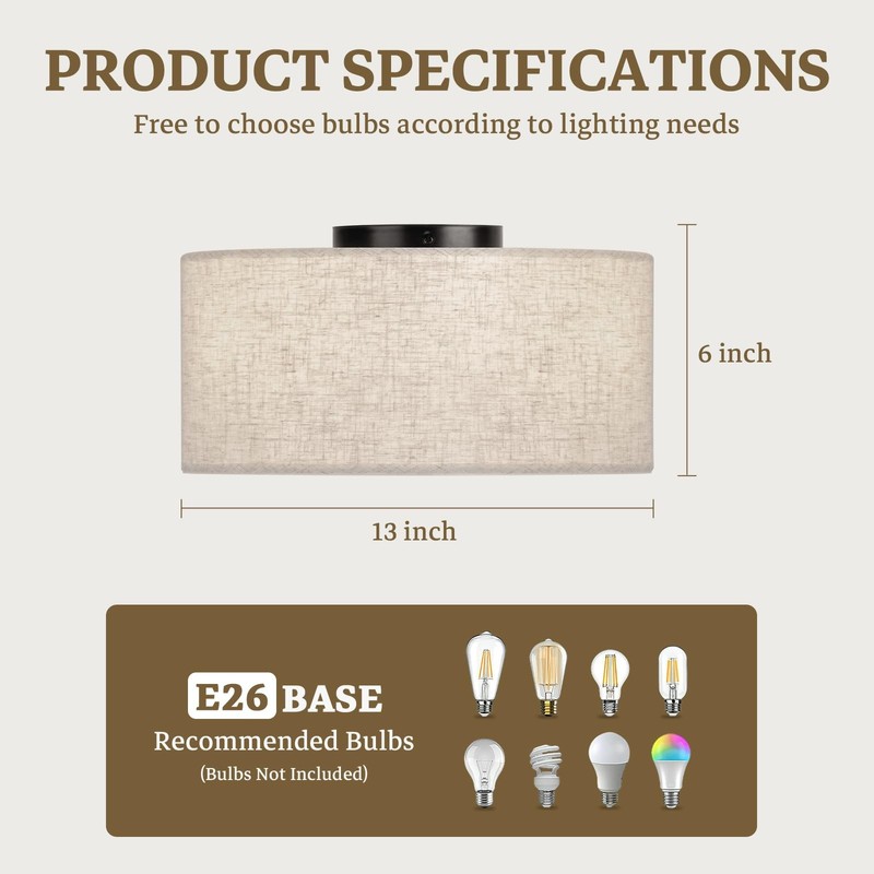13inch Semi Flush Mount Ceiling Light Fixture,3-Light Ceiling Mount Drum Ligh... gallery