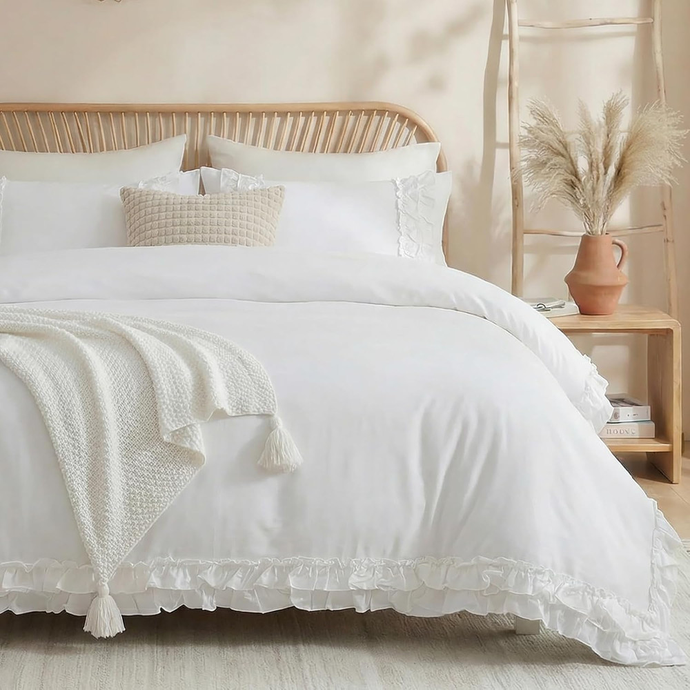 100% Cotton Ruffled Queen Comforter Set - White Farmhouse Chic