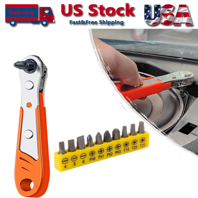 Ratcheting Right Angle Screwdriver Hex Drive 90 Degree Offset + 10pcs Bits Set gallery