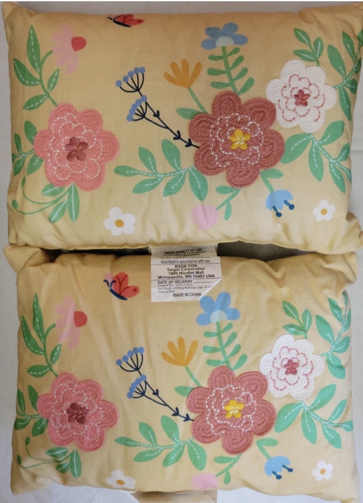 2x Spritz Embroidered Printed Yellow Floral Throw Pillow Lumbar 18 x 12 EASTER gallery