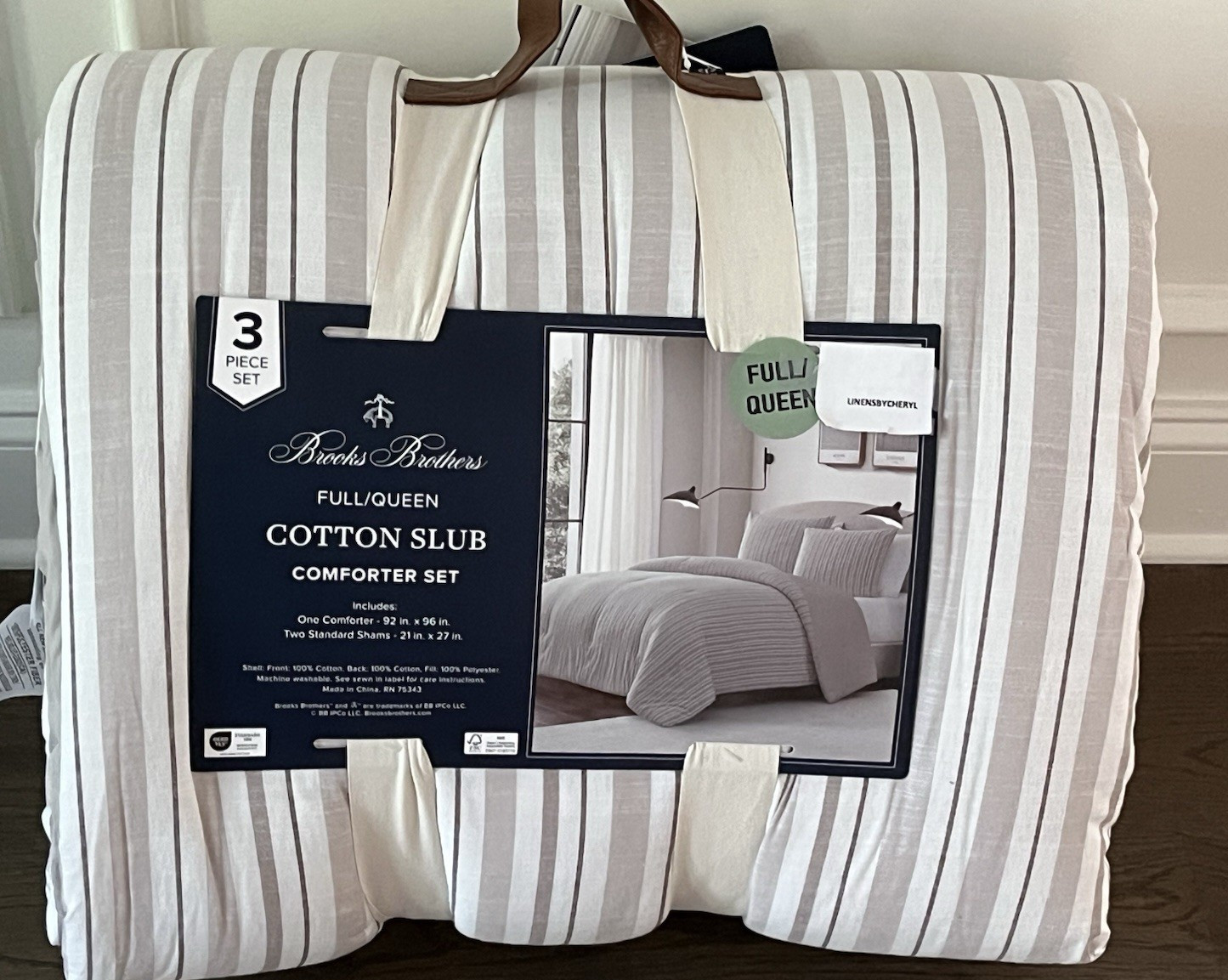 Brooks Brothers Tan /White Striped Cotton Slub Full/Queen Comforter SET gallery