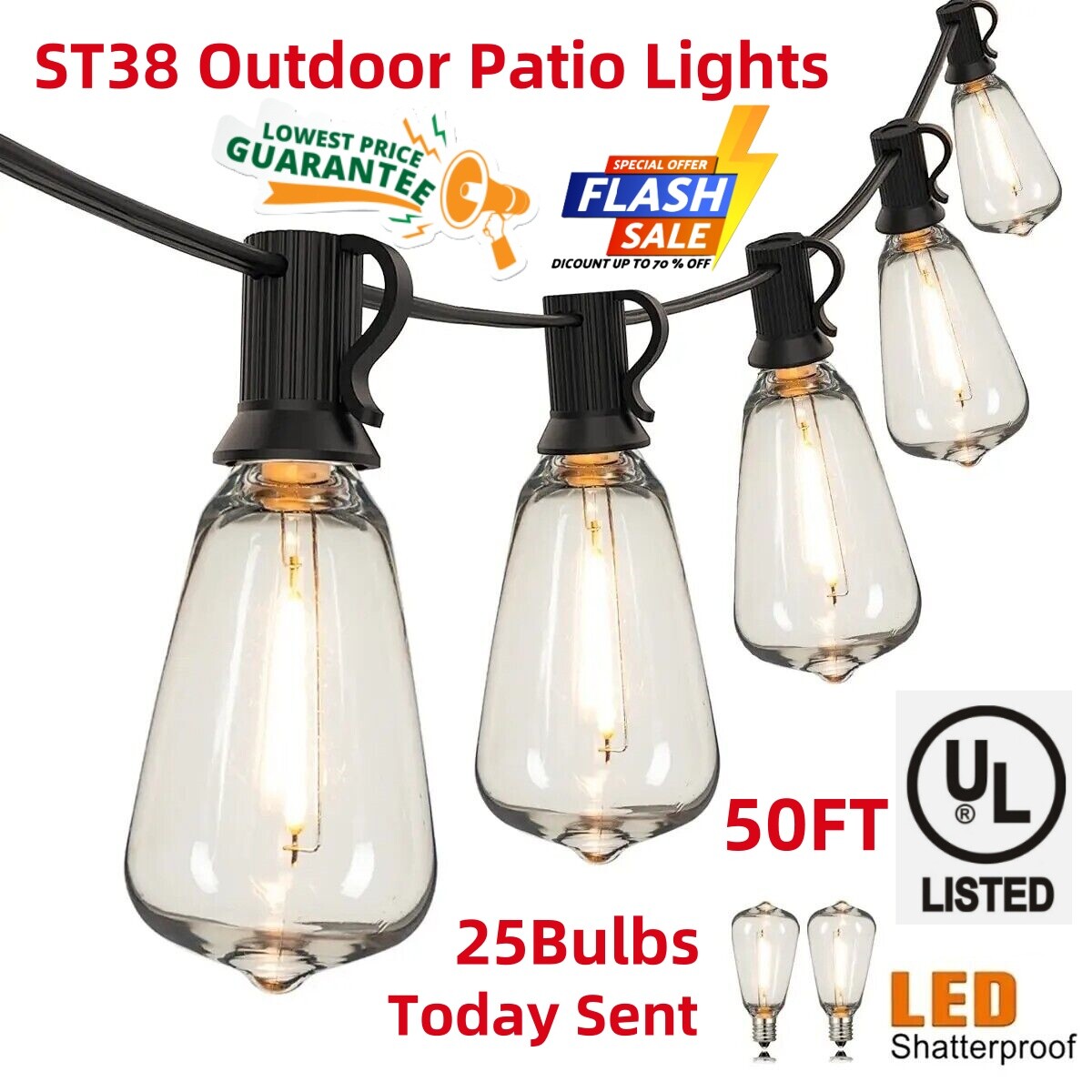1 Set String Lights - 50 Ft LED Outdoor String Lights - Shatterproof, Waterproof gallery