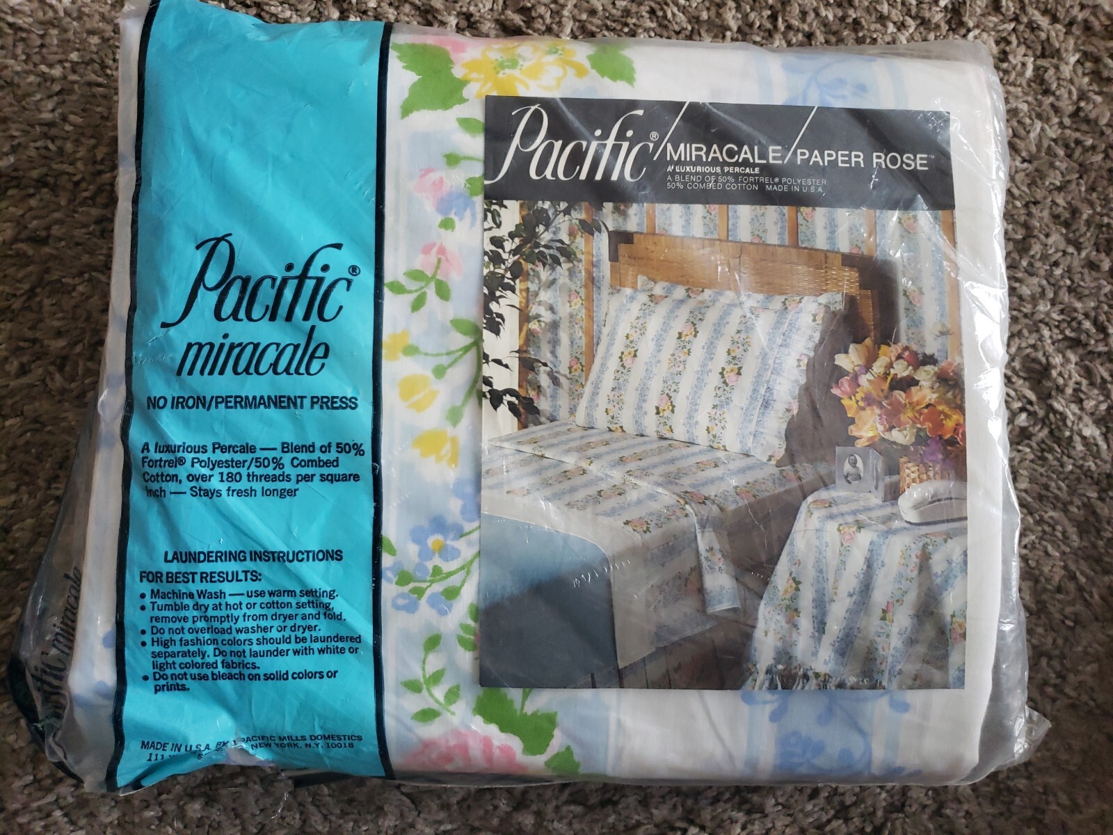Vintage Linens Pacific Miracale Twin Flat Sheet Paper Roses Floral BRAND NEW gallery