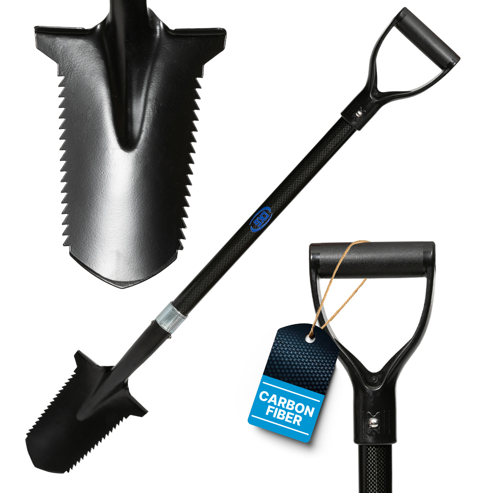 CKG Carbon Metal Detecting Shovel Digging Tool with Double Serrated Blade, Black gallery