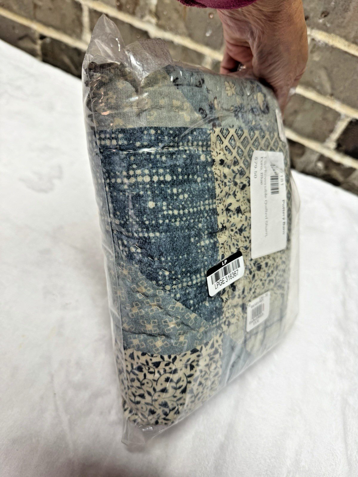 1 POTTERY BARN ELLIS REVERSIBLE QUILTED SHAM EURO SIZE BLUE MULTI PATCHWORK NEW gallery