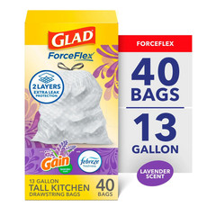 Forceflex Tall Kitchen Drawstring Trash Bags, 13 Gallon, Gain Lavender with Febr