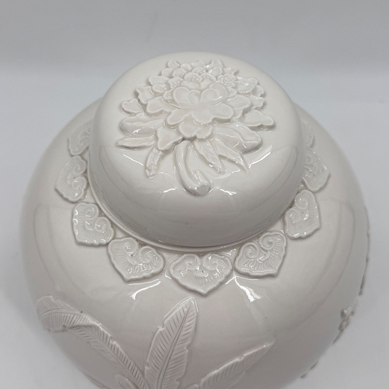 White Relief Porcelain Ginger Jar Rooster Floral Botanical Blanc de Chine gallery