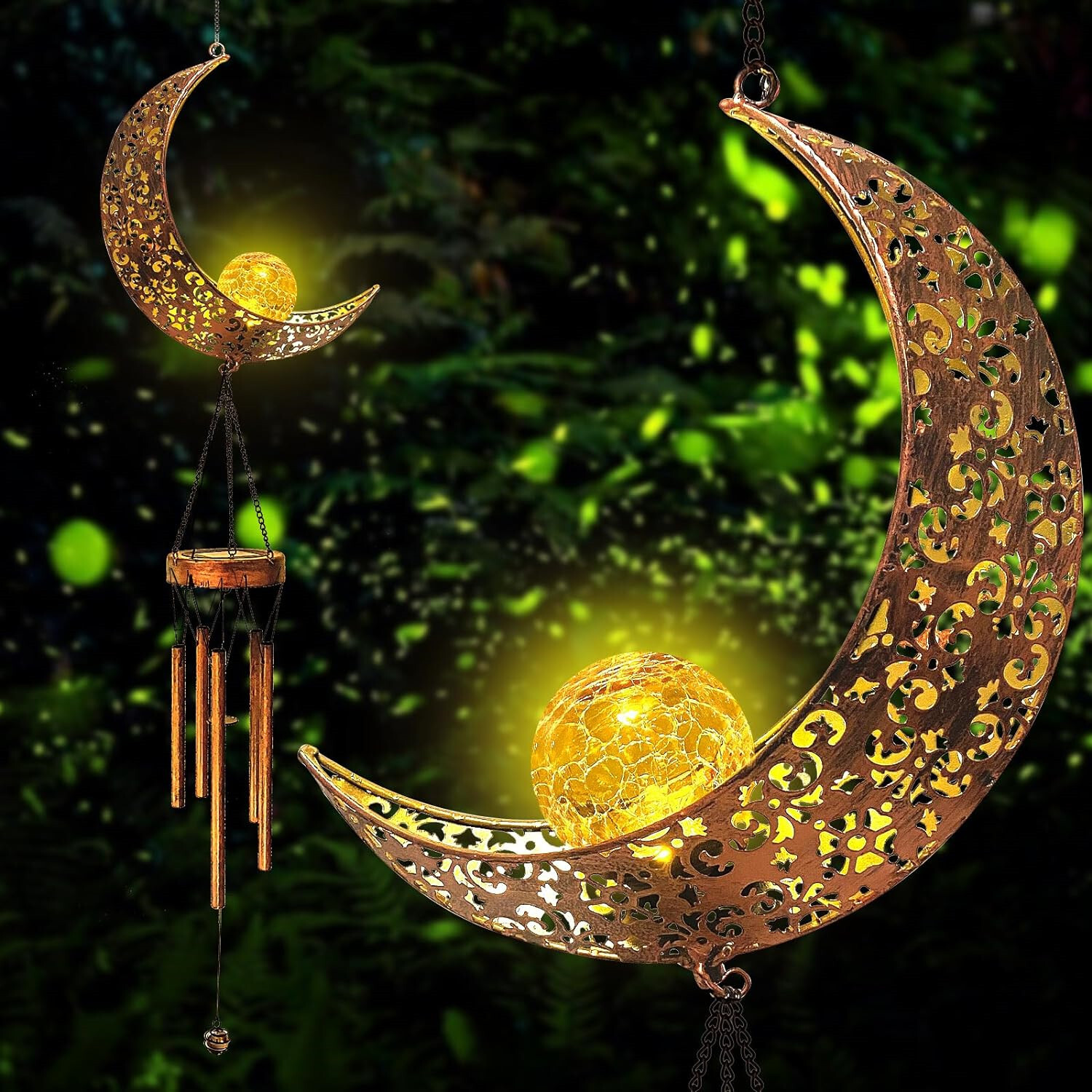Solar LED Light Lamp Moon Wind Chimes Outdoor Home Solar Crackle Glass Ball Lamp gallery