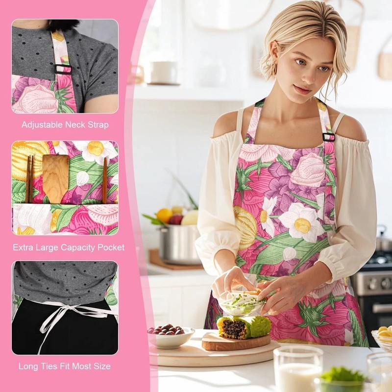 2 Pack Floral Aprons with Pocket Adjustable Kitchen Cooking Aprons for Women gallery