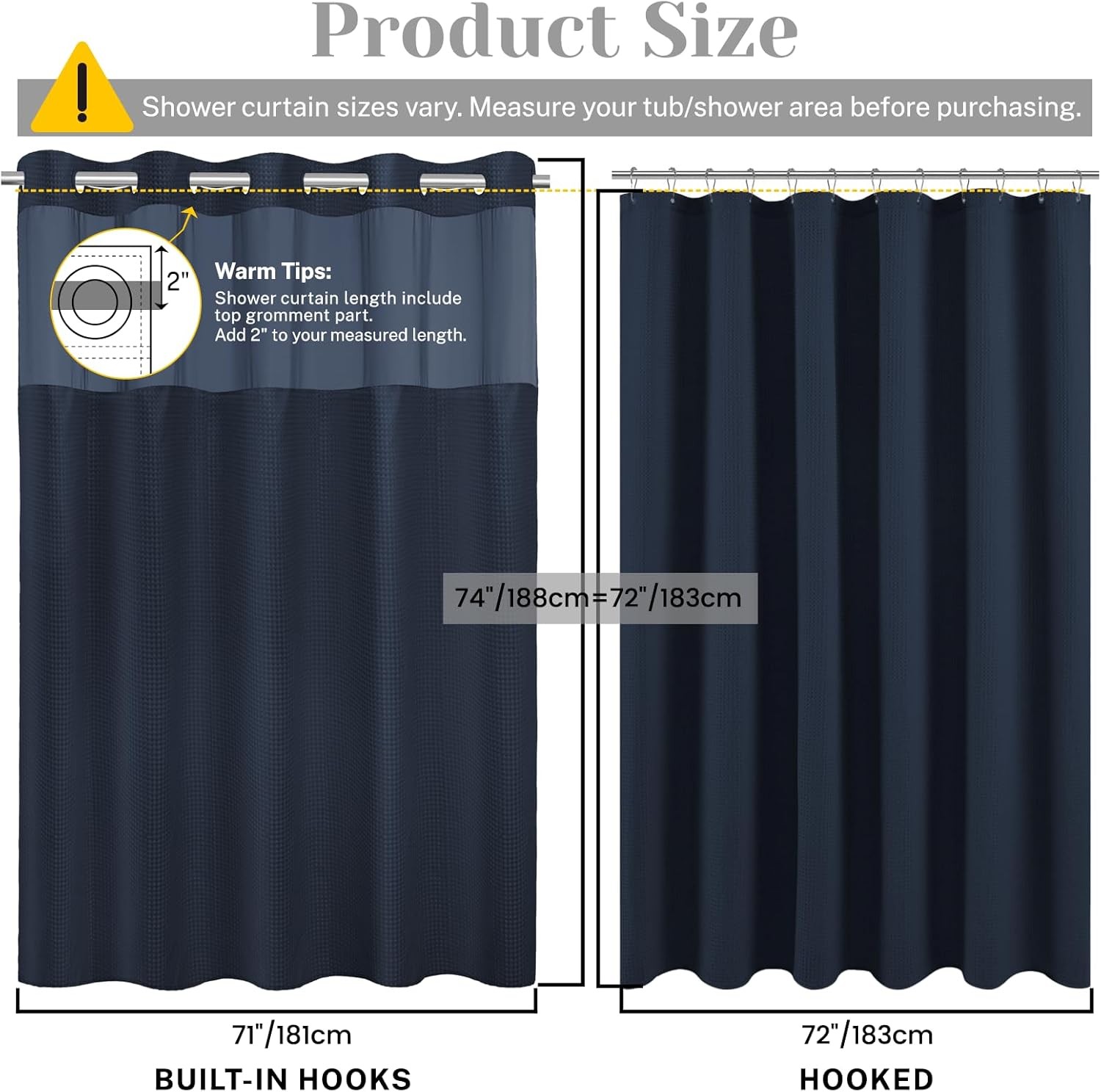 No Hook Shower Curtain with Snap in Liner Set 71"W x 74"L (Pack of 1) Navy Blue gallery