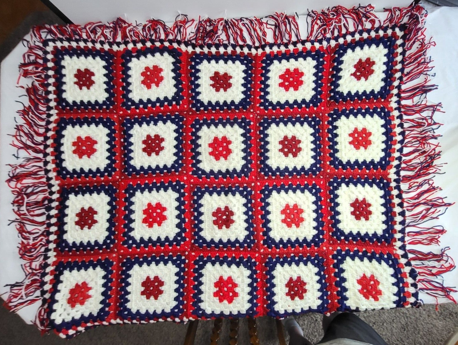 Granny Square Red White & Blue Patriotic Hand Crochet 47x39 Afghan Blanket Vtg gallery