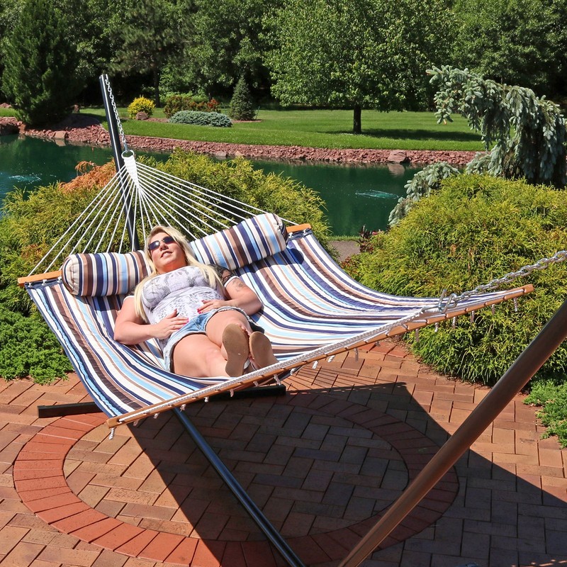 Large Quilted Hammock with Spreader Bar and Pillow - Ocean Isle by Sunnydaze gallery