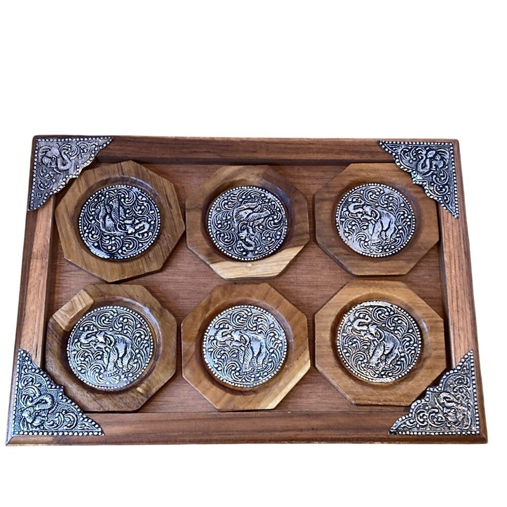 Handcrafted Thai Elephant Cuppa Teak Wooden Coaster Tray Set Asian Home Decor gallery