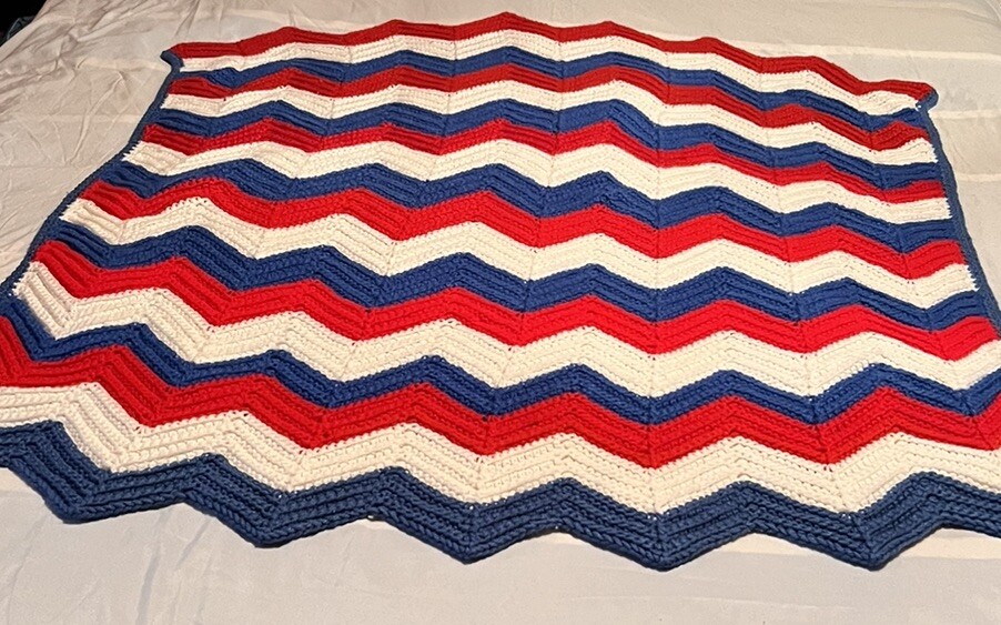 Hand Crocheted Red, White And Blue Striped Afghan 41” X 47” patriotic granny gallery