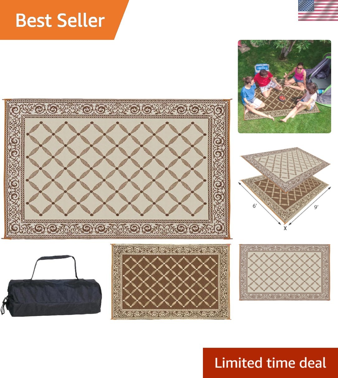 Versatile Brown/Beige 6' x 9' Outdoor Mat - Ideal for Camping & Relaxing gallery