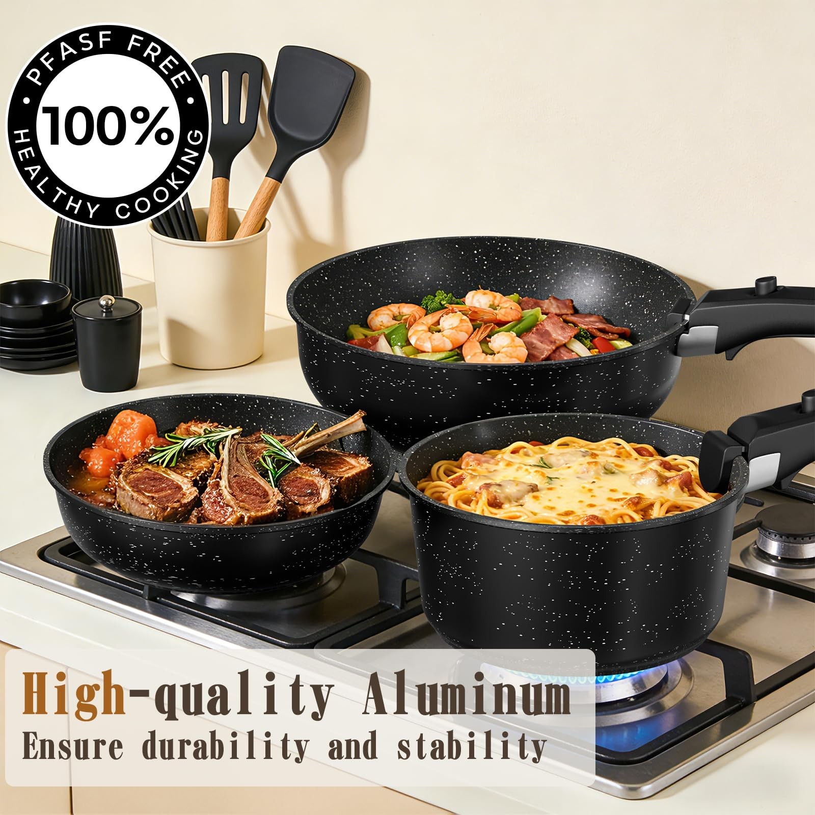 Cookware Set 21Pcs Nonstick Detachable Handle Induction Dishwasher Safe Black gallery