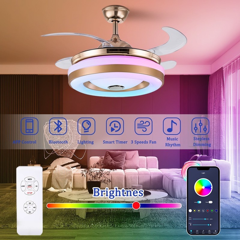42"Retractable Ceiling Fan Light Bluetooth Speaker RGB Color Changing Chandelier gallery