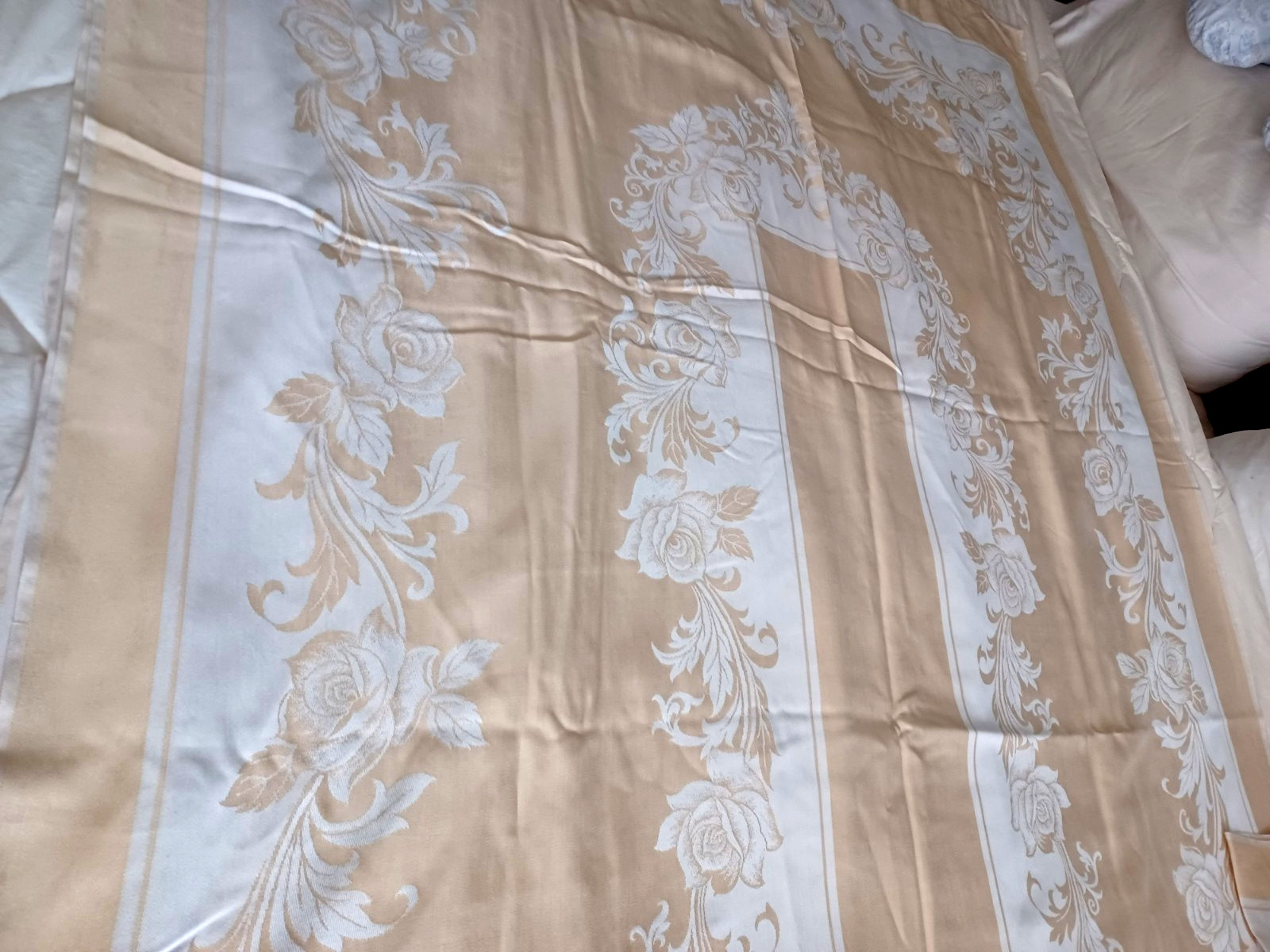 57" X 120" lite gold beige double Damask rose acanthus tablecloth gallery