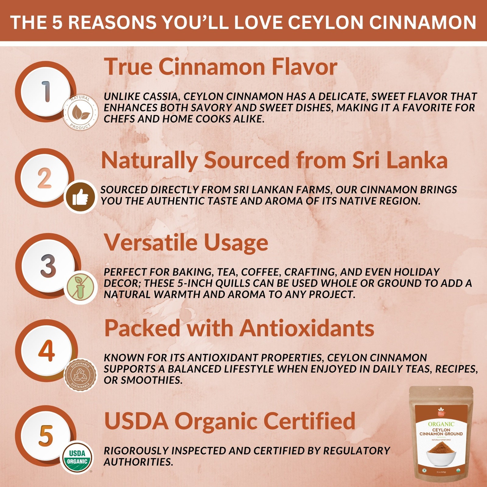 Organic Ceylon Cinnamon Powder - Ground, Non-GMO, Sri Lanka Spice, Kosher gallery
