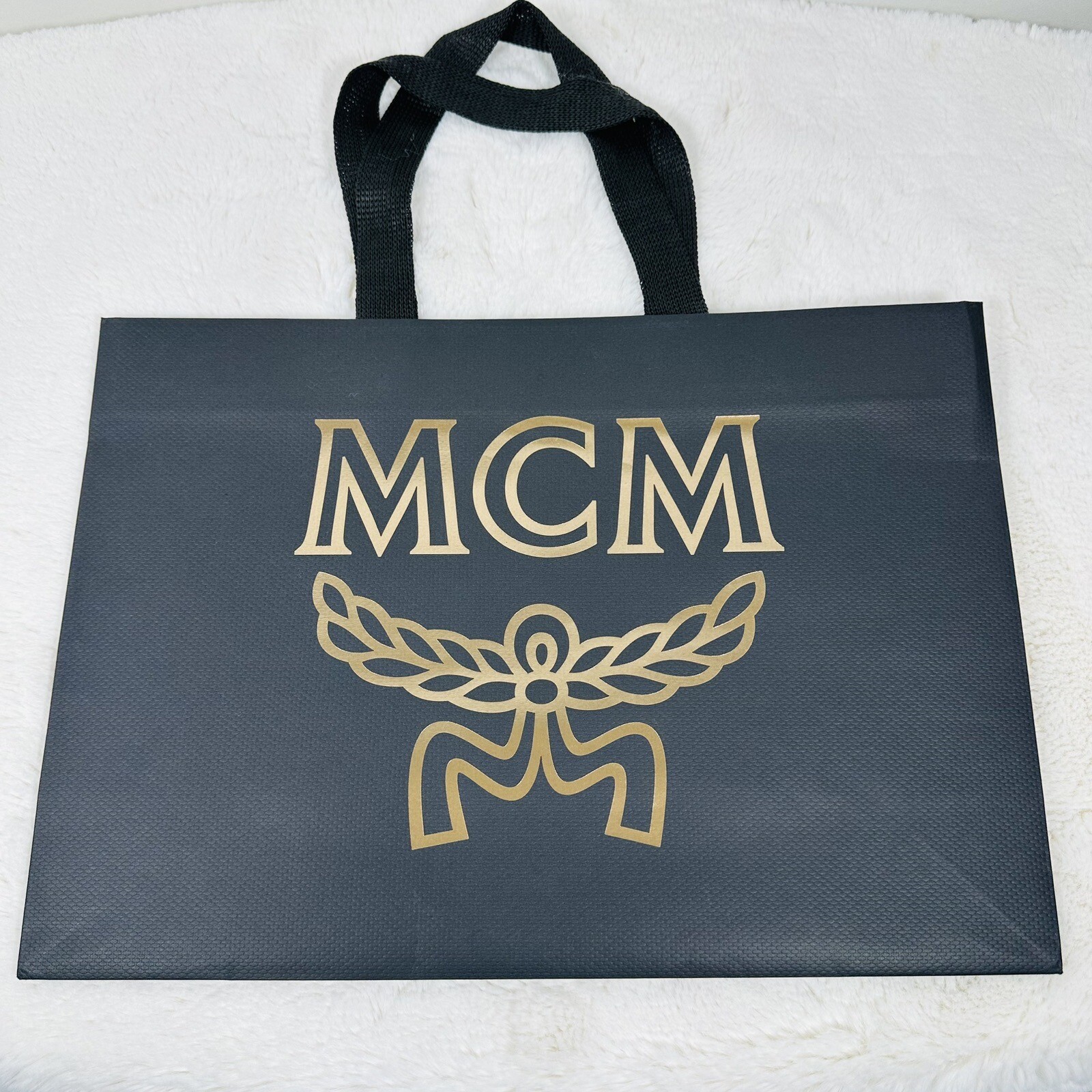 MCM Authentic Black Gold Logo Shopping Paper Bag Gift Tote Small 14.5”x10”x5” gallery