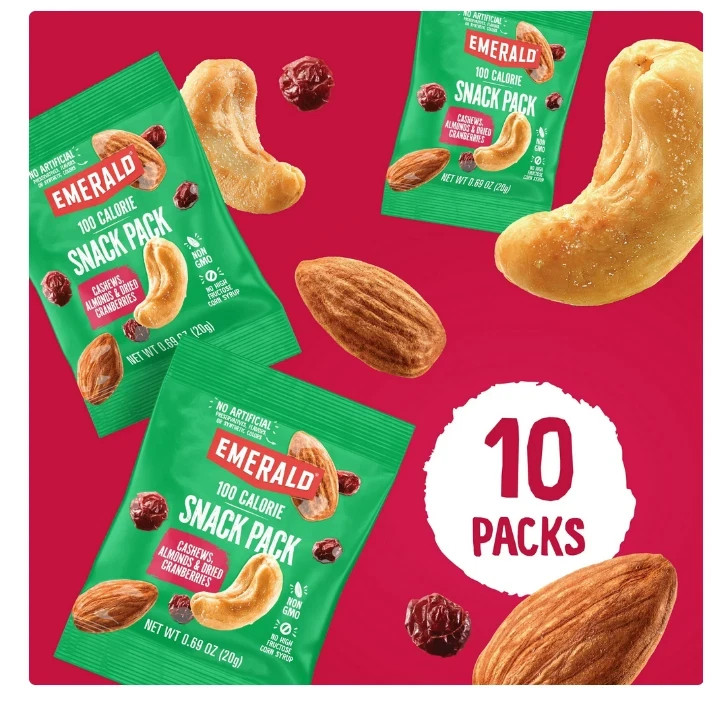 Emerald Nuts Cashews & Almonds with Dried Cranberries, 100 Calorie Packs, 10 Ct gallery