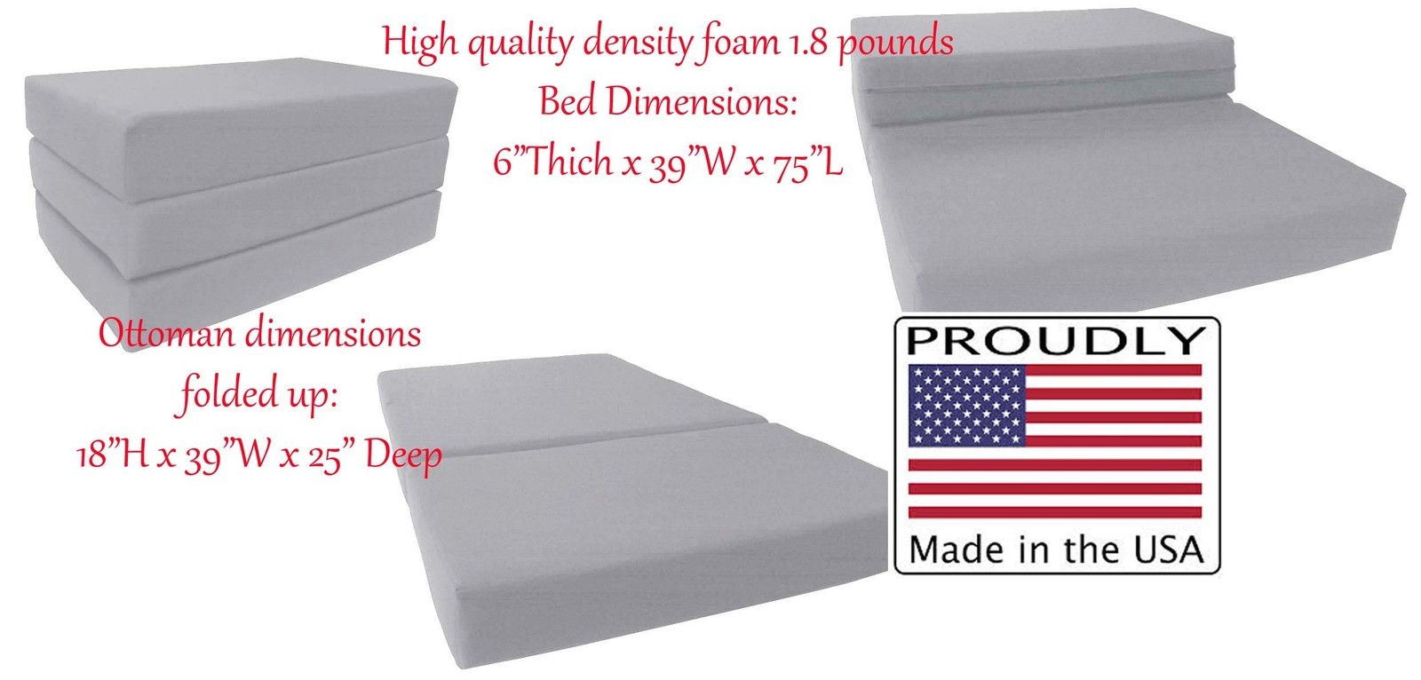 Queen Gray Trifold Foam Bed, Folding Mattress 6 x 60 x 80, 1.8 lbs Density gallery