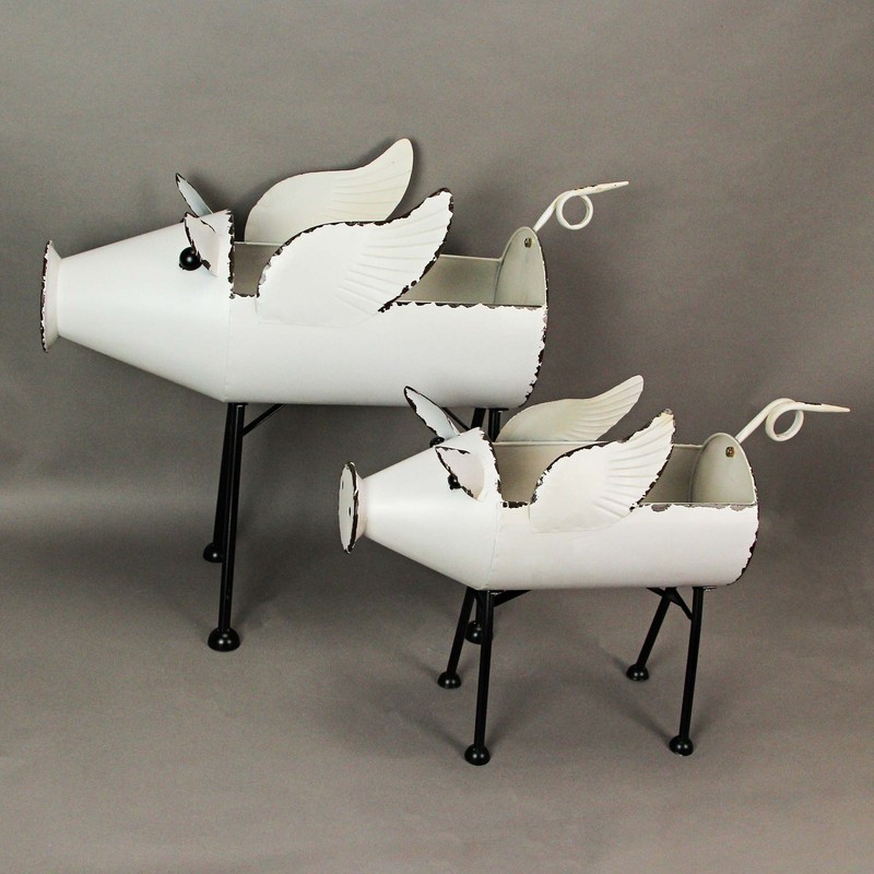 Rustic White Painted Galvanized Metal Flying Pig Standing Planters Set of 2 gallery