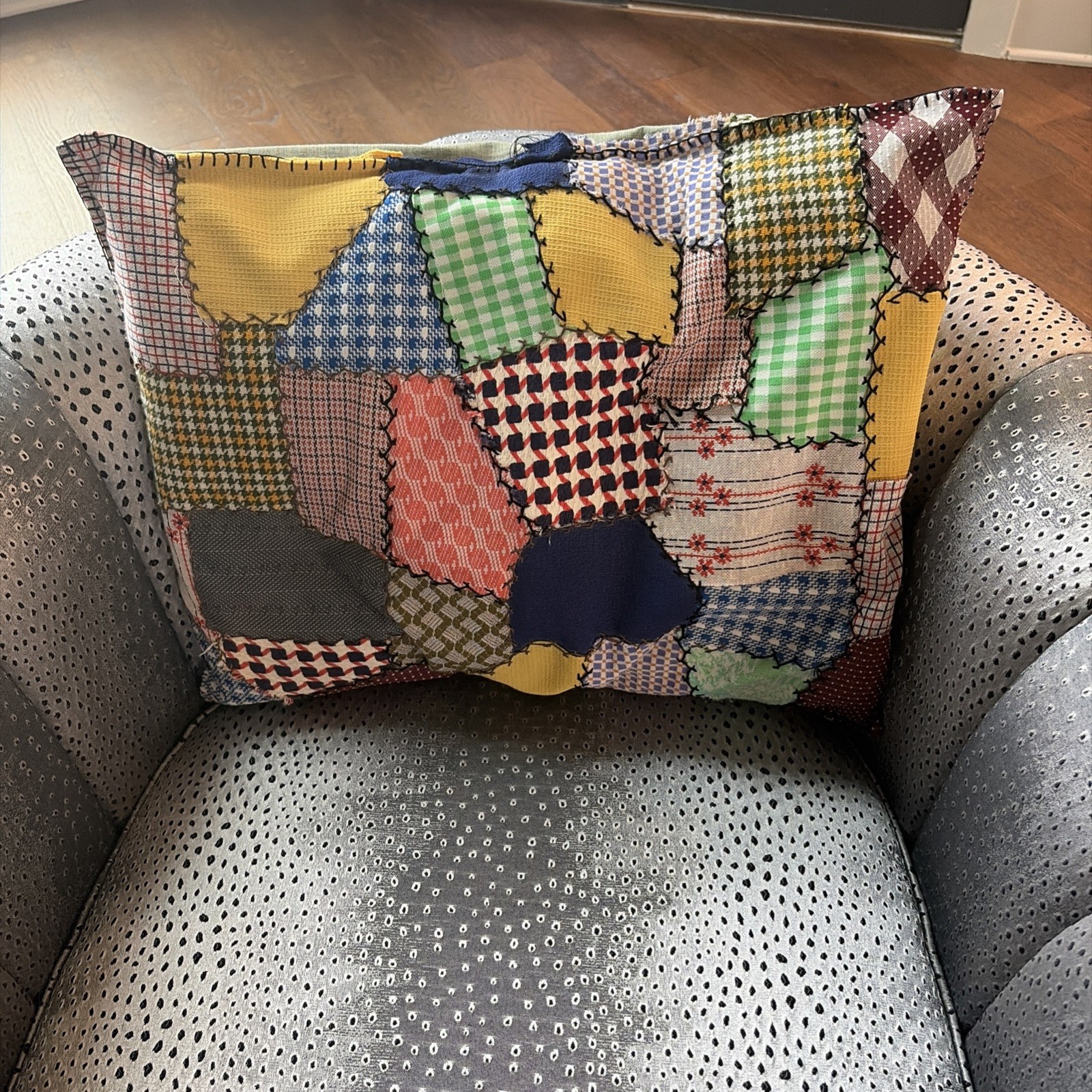 Vtg 70sHandmade Multi Color QUILT Patchwork throw pillow retro prop Hippie BoHo gallery