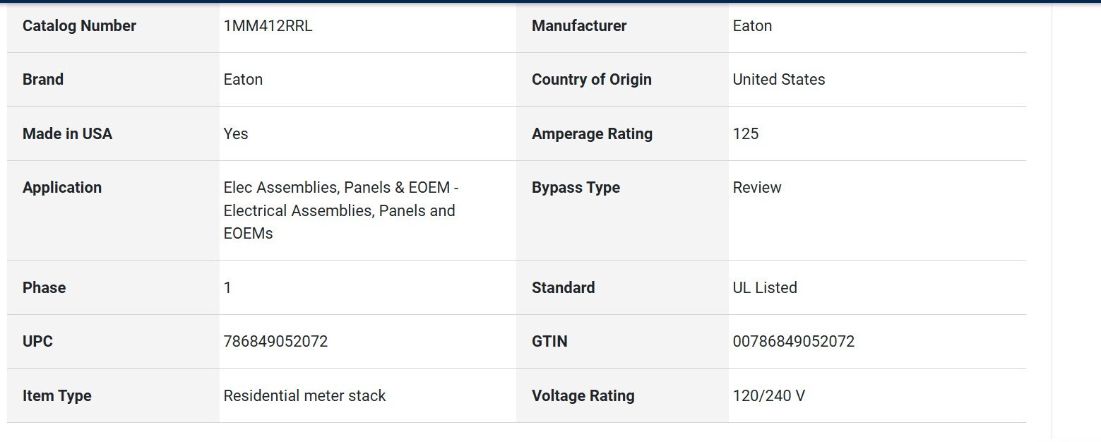 EATON 1MM412RRL 125 Amp 1-Phase 3-Wire 4-Socket Ringless Meter Stack Module gallery