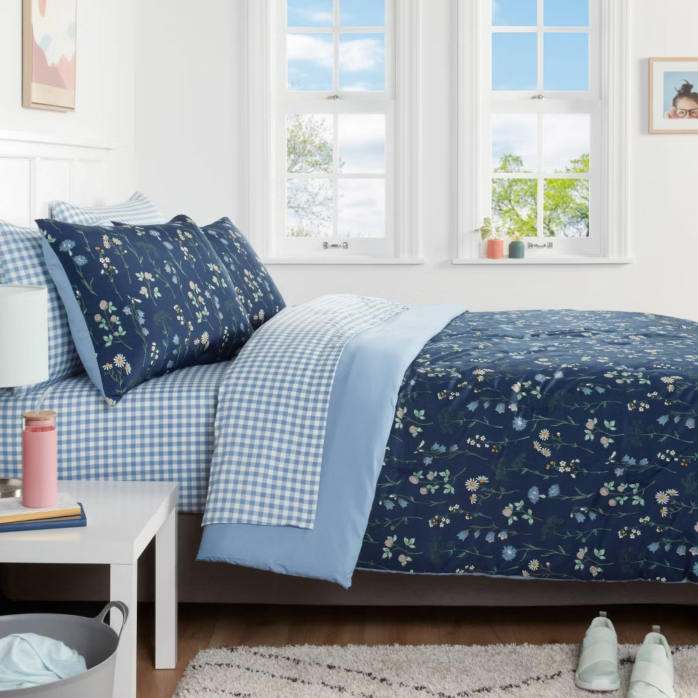 7pc Full Floral Printed Microfiber Reversible Comforter & Sheets Set Navy - gallery