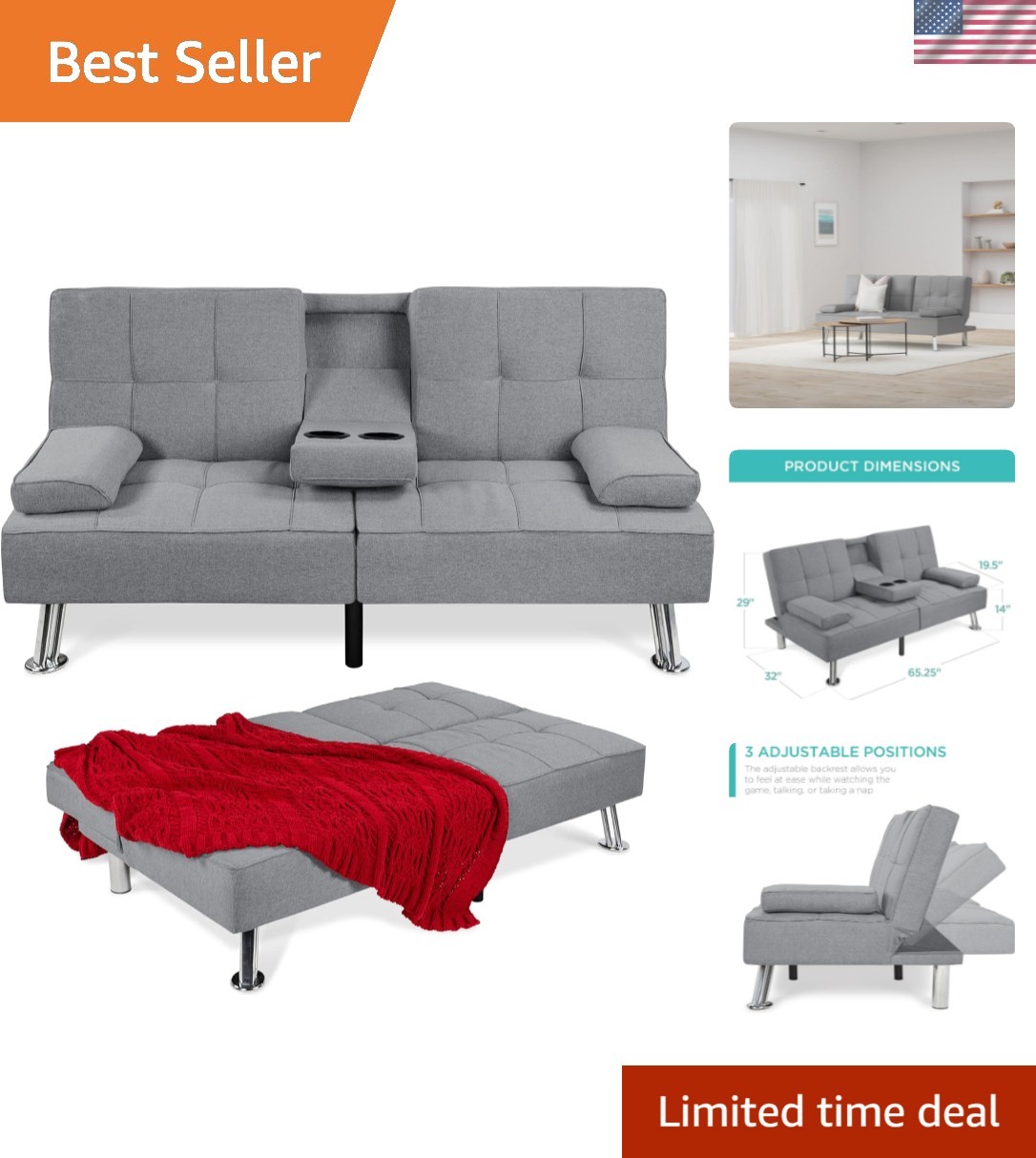 Linen Modern Folding Futon, Reclining Sofa Bed for Apartment, Dorm w/Removabl... gallery