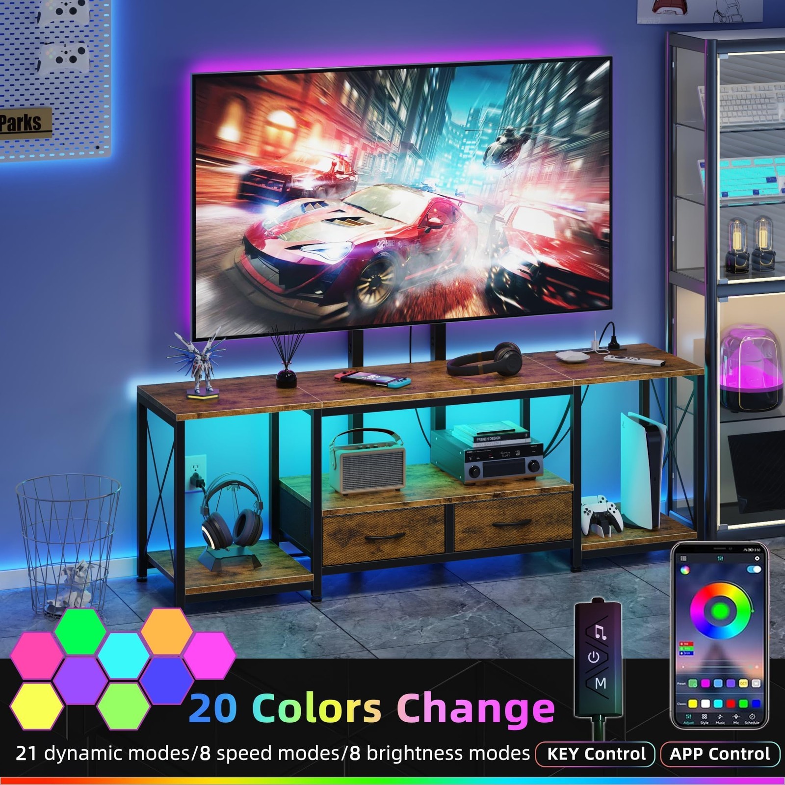 47 Inch LED TV Stand Mount Power Outlet Fabric Drawer VESA 600x400mm Console gallery