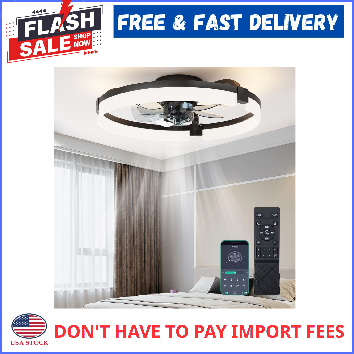 CONCETTA 19in Low Profile Flush Mount Ceiling Fan Dimmable LED Light Remote App gallery