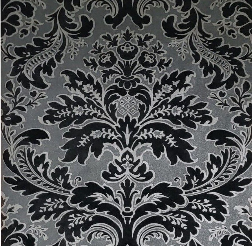 Wallpaper flocking black silver gray metallic Flocked damask velvet flock 3D gallery