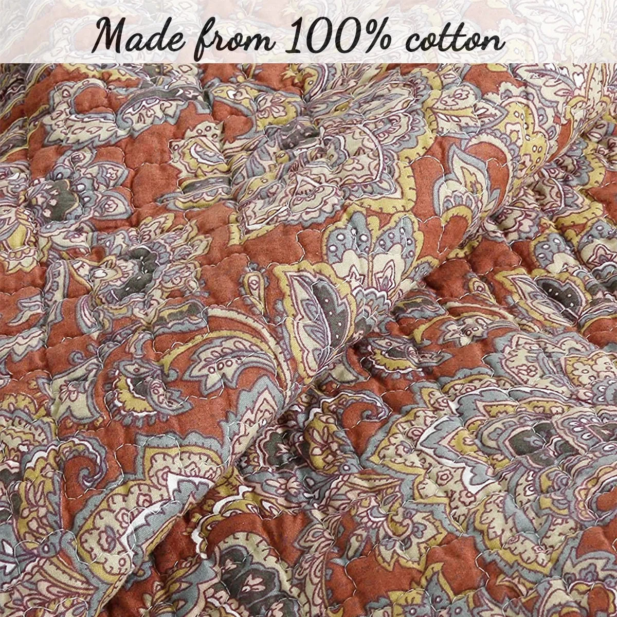 NEW! ~ COZY CHIC RICH BROWN COPPER GREY BLUE YELLOW SCROLL LEAF SOFT QUILT SET gallery