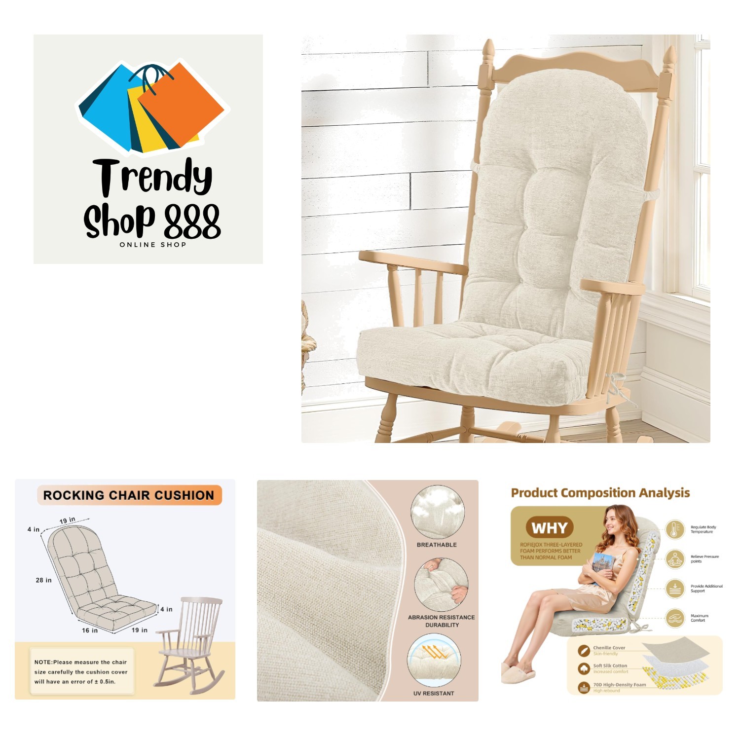 Rocking Chair Cushion - Chenille Fabric, High-Density Sponge, Durable Comfort... gallery