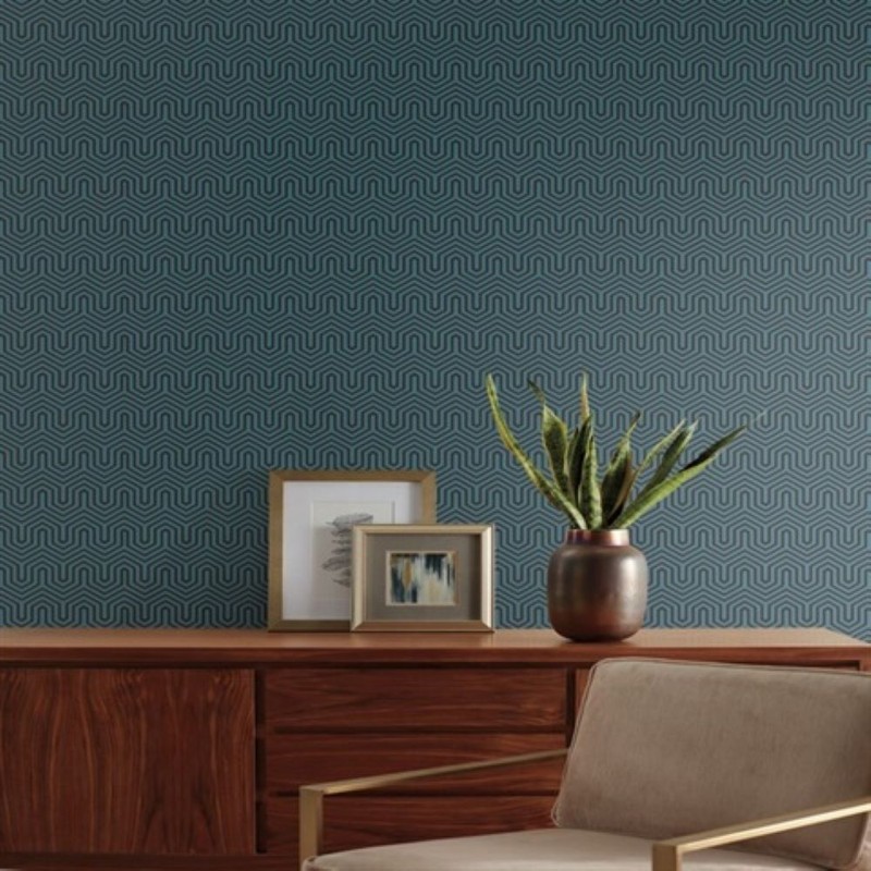 Navy blue teal felt flocking Geometric velvet Labyrinth flocked wallpaper GM7502 gallery