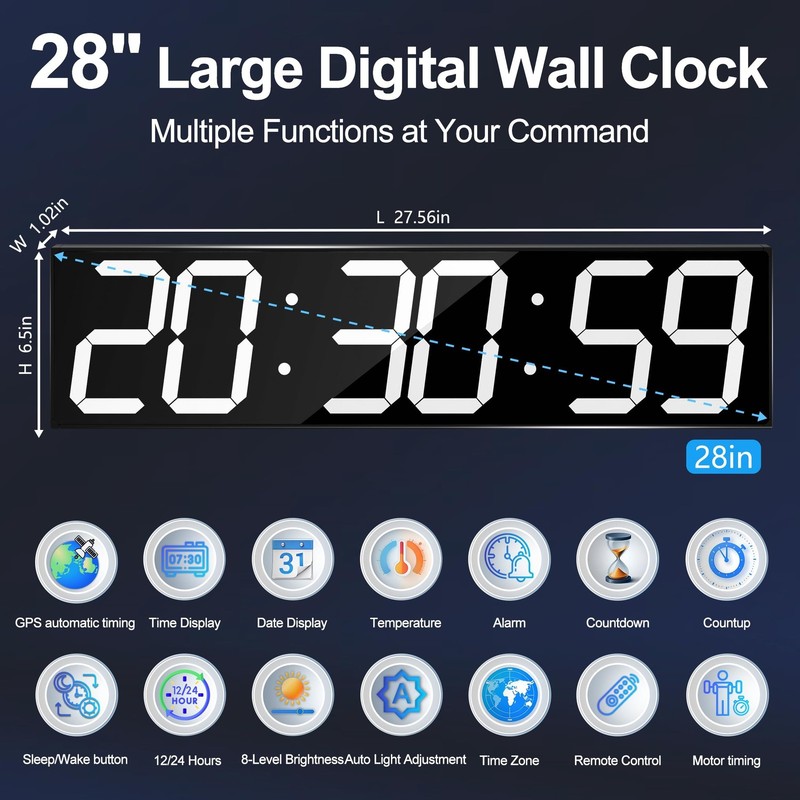 CHKOSDA Large Digital Wall Clock 28" with GPS Auto-Sync, Remote Control & Tim... gallery