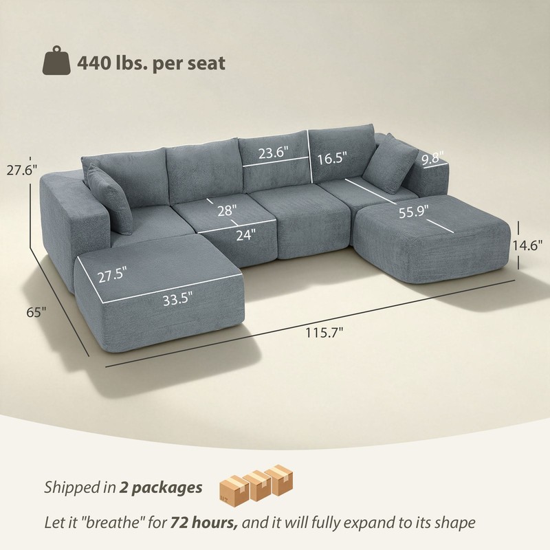 Modular Sectional Sofa, U-Shape Couch with 2 Ottomans, Dark Gray gallery