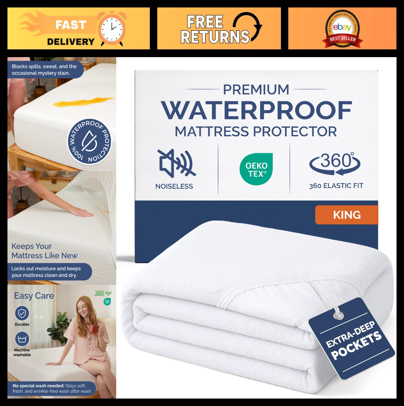 Waterproof King Mattress Protector Cover - Soft, Breathable, Noiseless, 16" Deep gallery