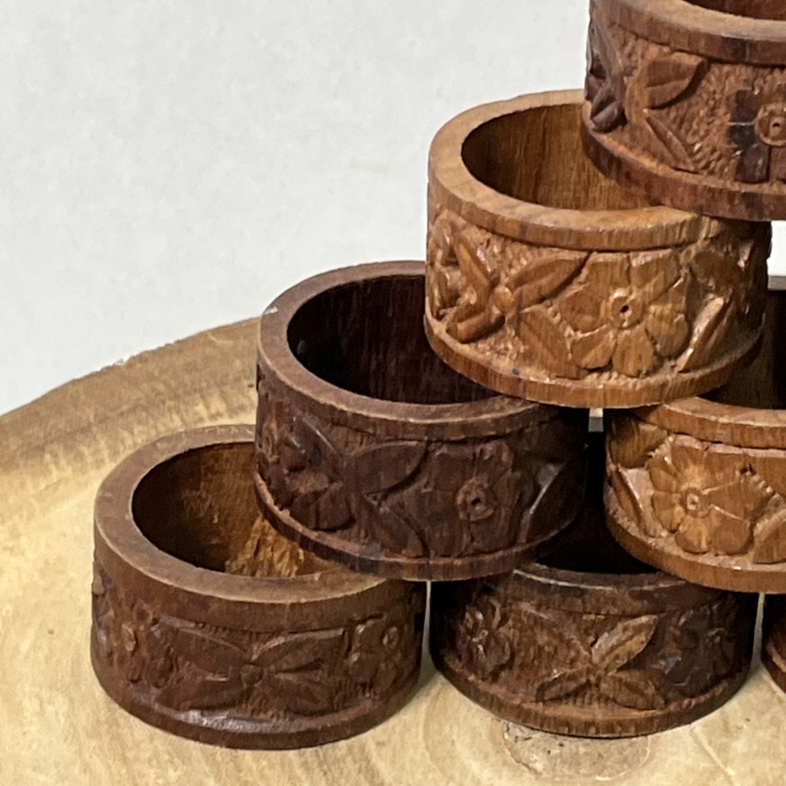 Vintage Napkin Rings Holders RETRO Boho Hand CARVED Wood India Set Of 10 gallery