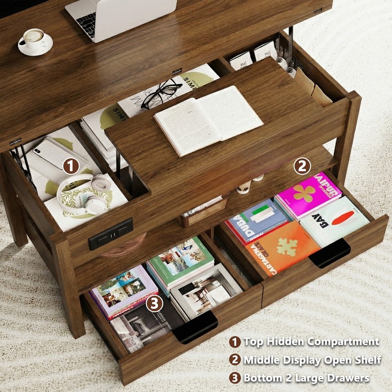 LED Walnut Lift Top Multi-Function Coffee Table with 2 Drawers &Charging Station gallery