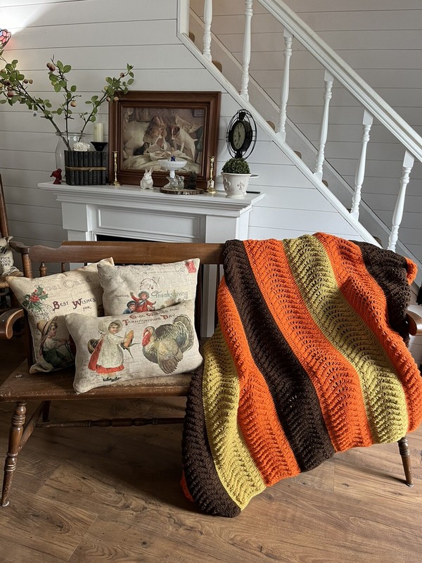 Vtg Crocheted Afghan Throw Blanket Fall Halloween Orange Yellow Brown 78x82 gallery