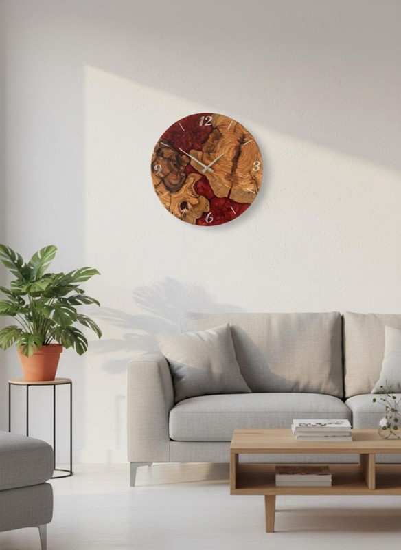 Handcrafted Wood Wall Clock Unique Rustic Decor Red Epoxy Designer hanging decor gallery
